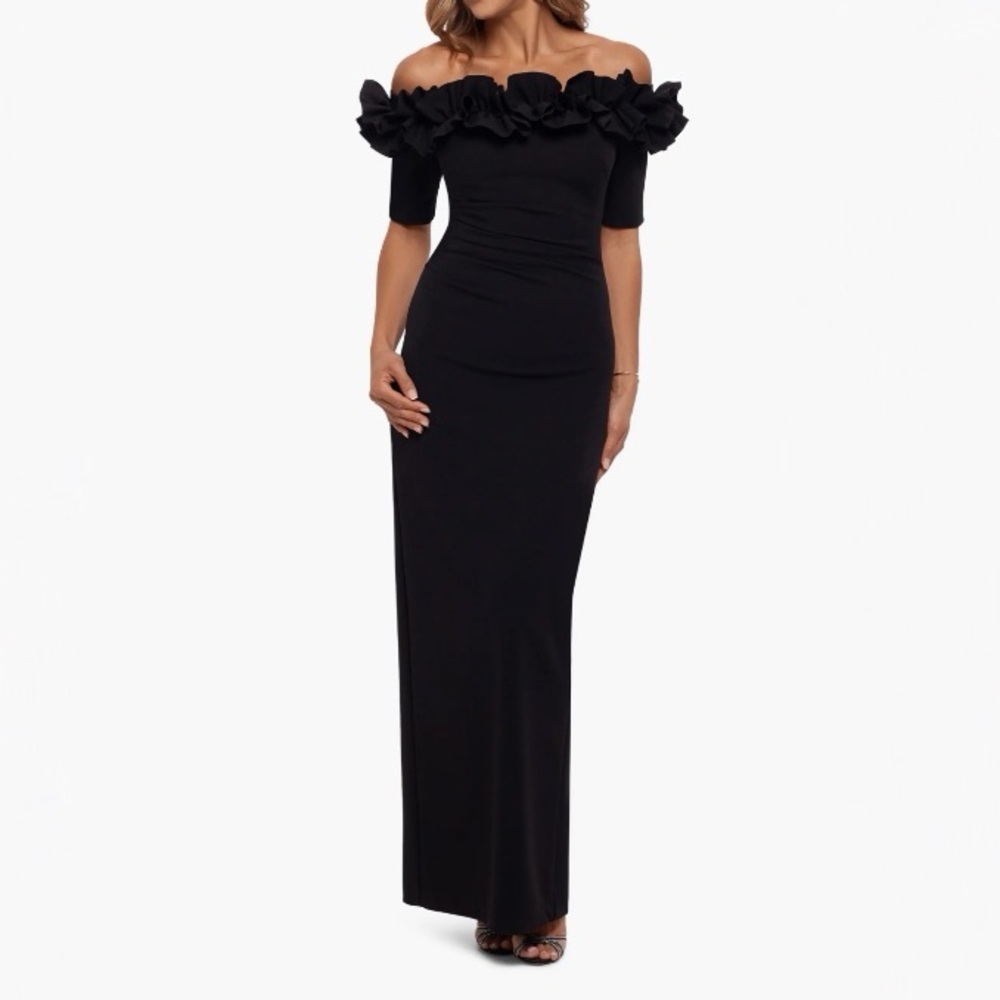 New Xscape Ruffle Off the Shoulder Crepe Column Gown Size 16 in Black